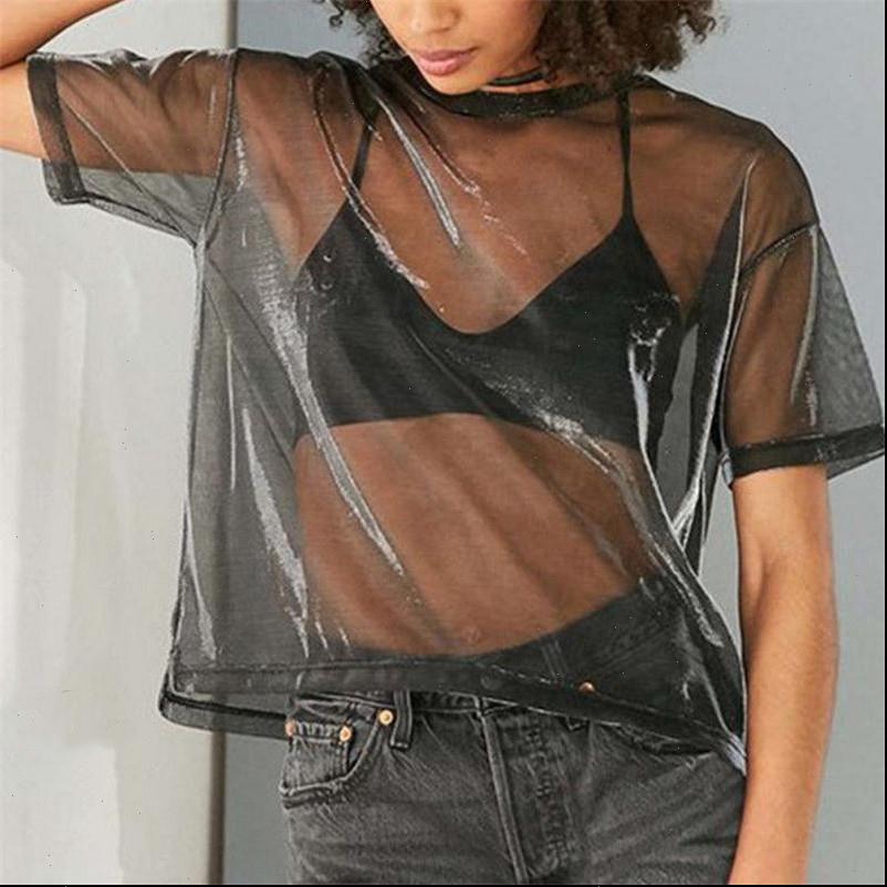 

fashionable see through shiny womens t shirts sheer mesh vintage wear short sleeves summer selling, White