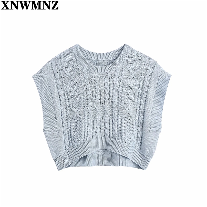 

Women Fashion With Cable-knit Cropped Knit Vest Sweater Vintage O Neck Sleeveless Female Waistcoat Chic Tops woman 210520, Blue