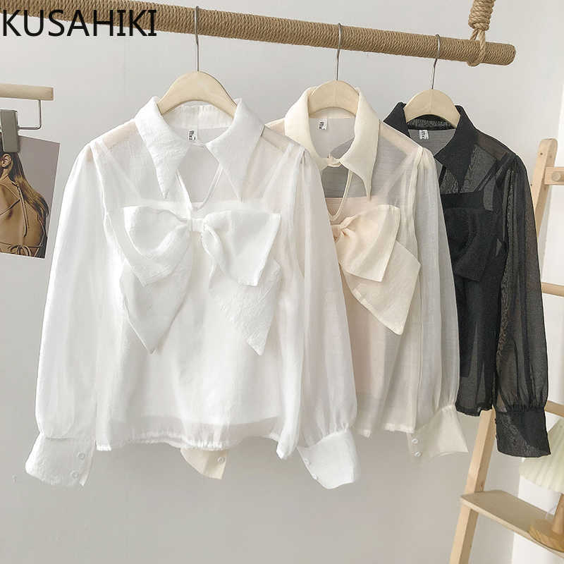 

Spring Korean Sweet Mesh Blouses Bowknot Hollow-out Turn-down Collar Shirt Women Top Blusas with Camis 6F621 210603, Apricot