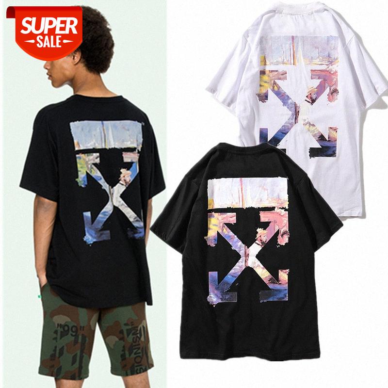 

off religious geometric short-sleeved T-shirt gray and white ow oil painting arrow graffiti half-sleeved tee #hd1G, White;black