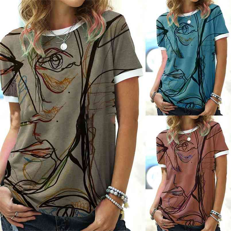 

Summer Women' Line Printing Round Neck Short-sleeved T-shirt Personality Art Tops Fashion Casual Clothing 210708, Blue