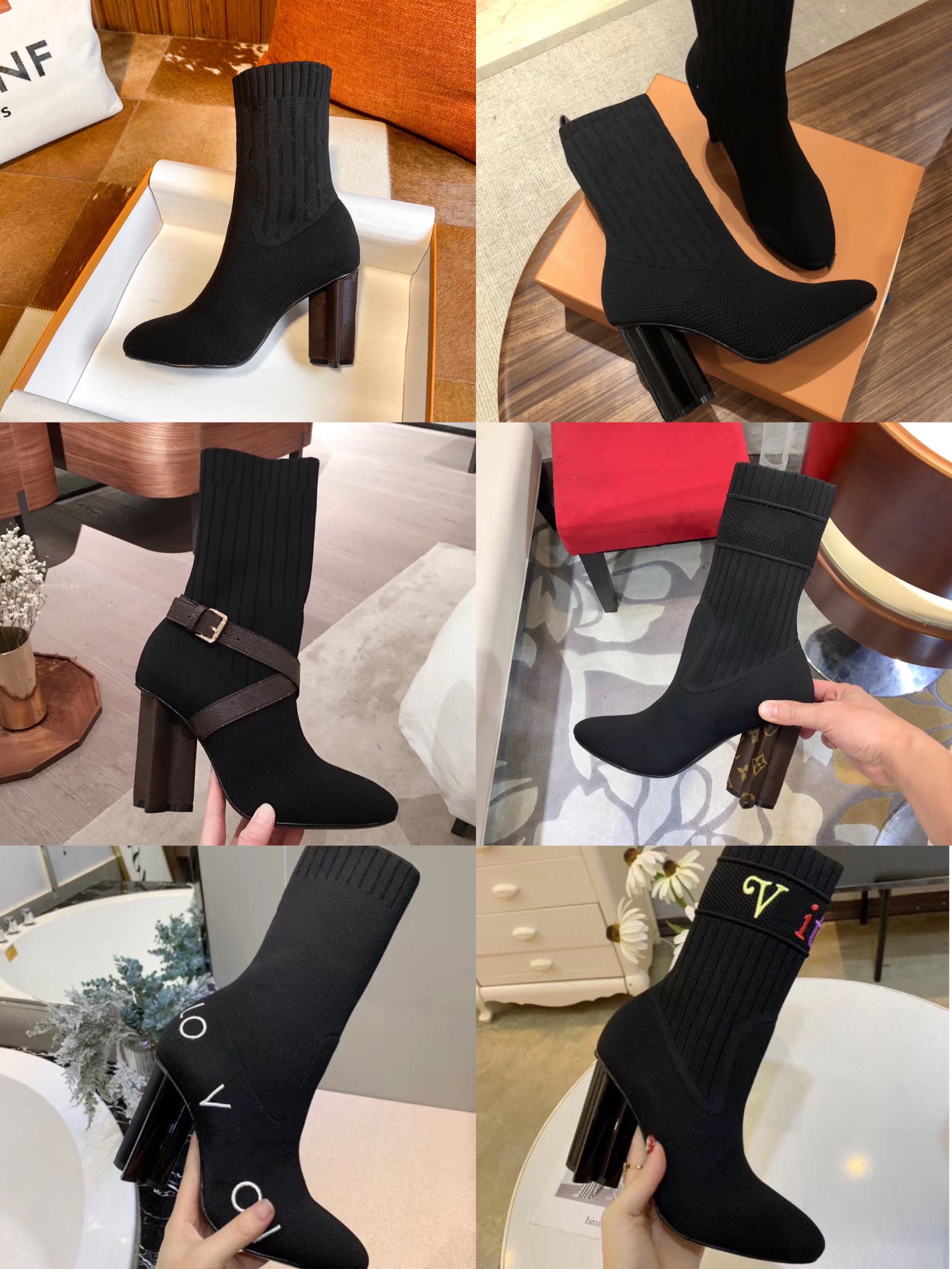 

Silhouette Ankle Boots Winter Autumn Lady Knitted Sock Women Chunky Heel Boot Stretched Textile Comfort Classic Shoes, Extra shipping cost