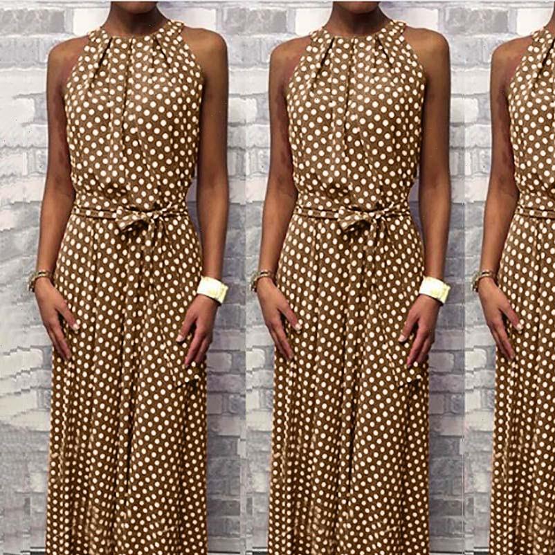 

womens dresses dot printing long dress women sleeveless halter neck coffee casual lady summer beach party sundress vestidos 35, Black;gray