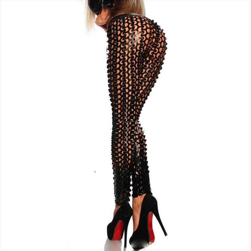

womens trousers u.s.a punk rock metal holes bright leather scale leggings scale elastic waist womens trousers, Black;white