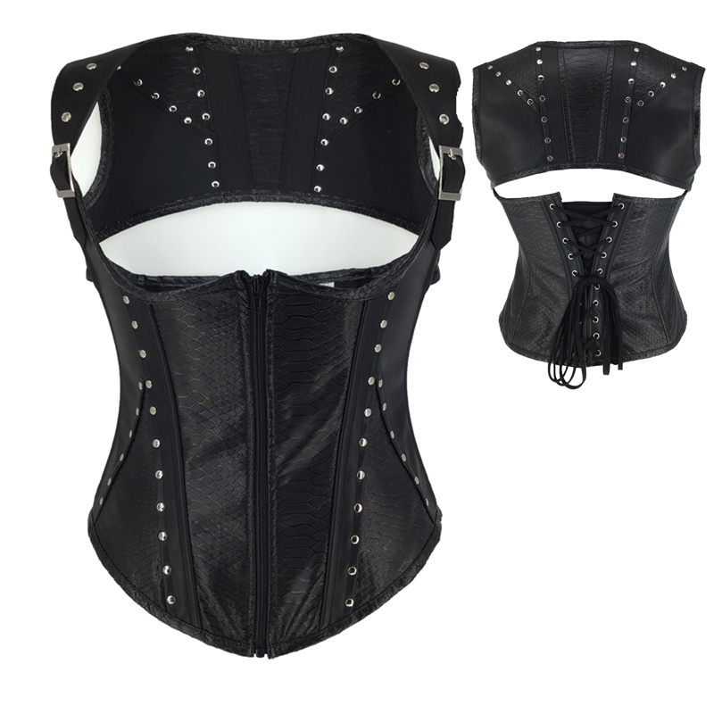 

Woman Bustiers Faux Leather Corset Sexy Fish Scale Printed Zipper Steampunk Corset Lace Up Punk Gothic Corset Vest Women Black Bustier Linge