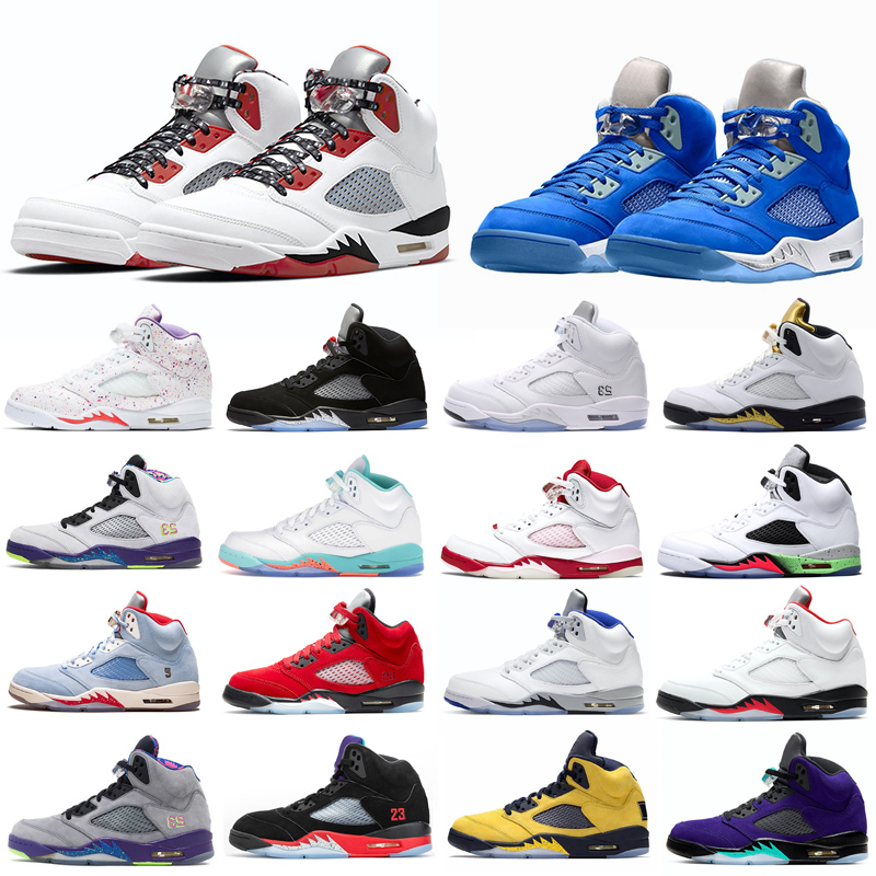 

Men 5 5s Bluebird Fire Red Silver Basketball shoes Black Metallic grey Stealth 2.0 Island Green oregon ducks mens sneaker 7-13, #26