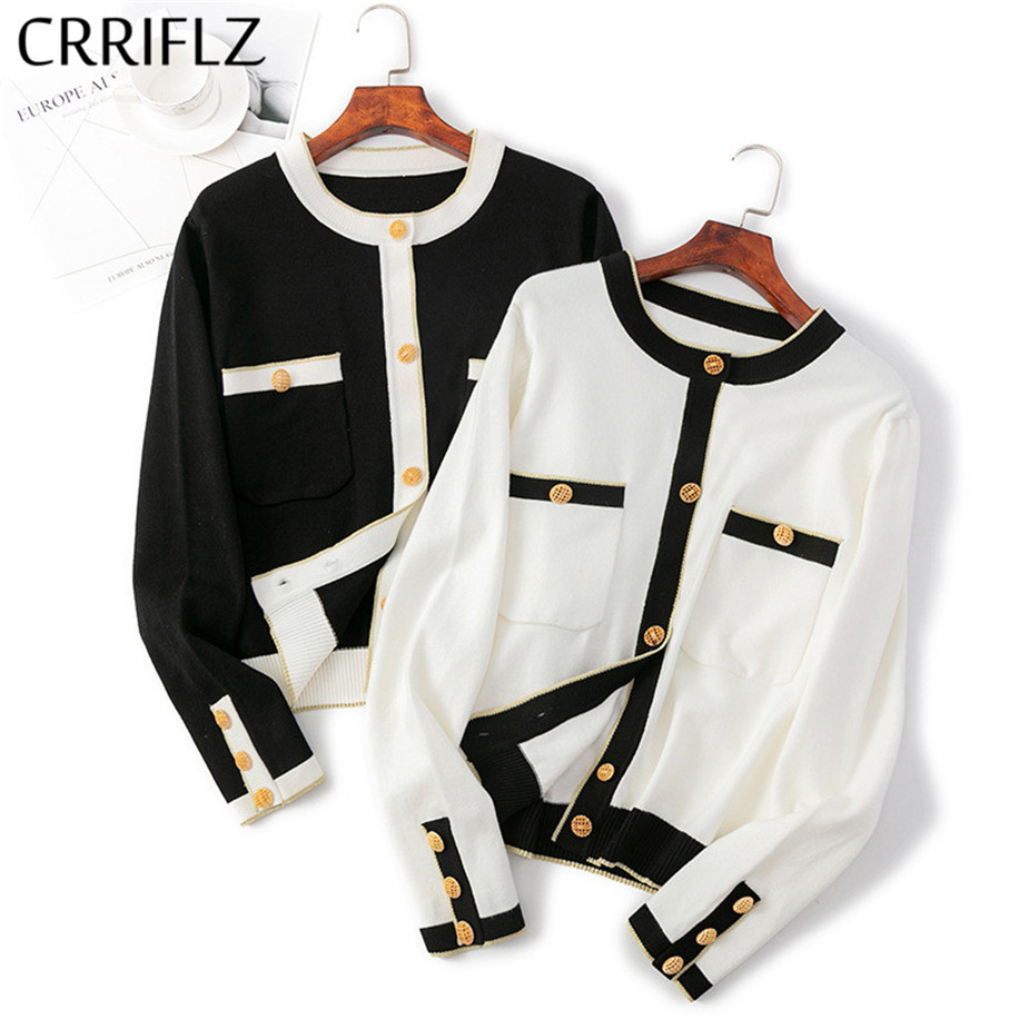 

elegant knitted cardigan contrasting color coat women' autumn and winter style slim versatile long-sleeved 210520, White