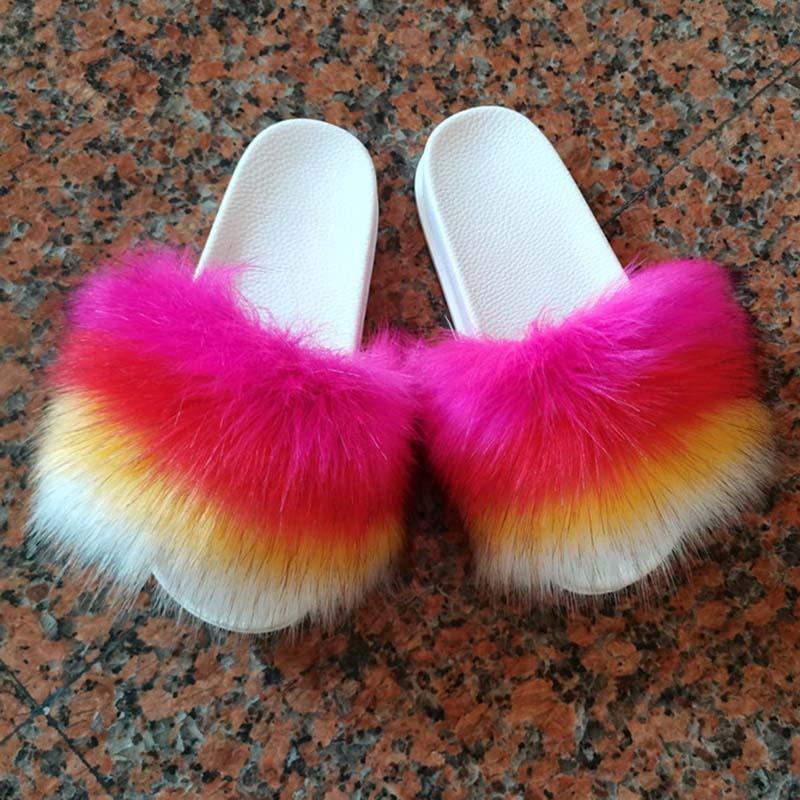 

Women Fur Slides For Summer Slippers House Fluffy Sandals Ladies Plush Flip Flops Soft Flat Female Fashion Shoes, Black