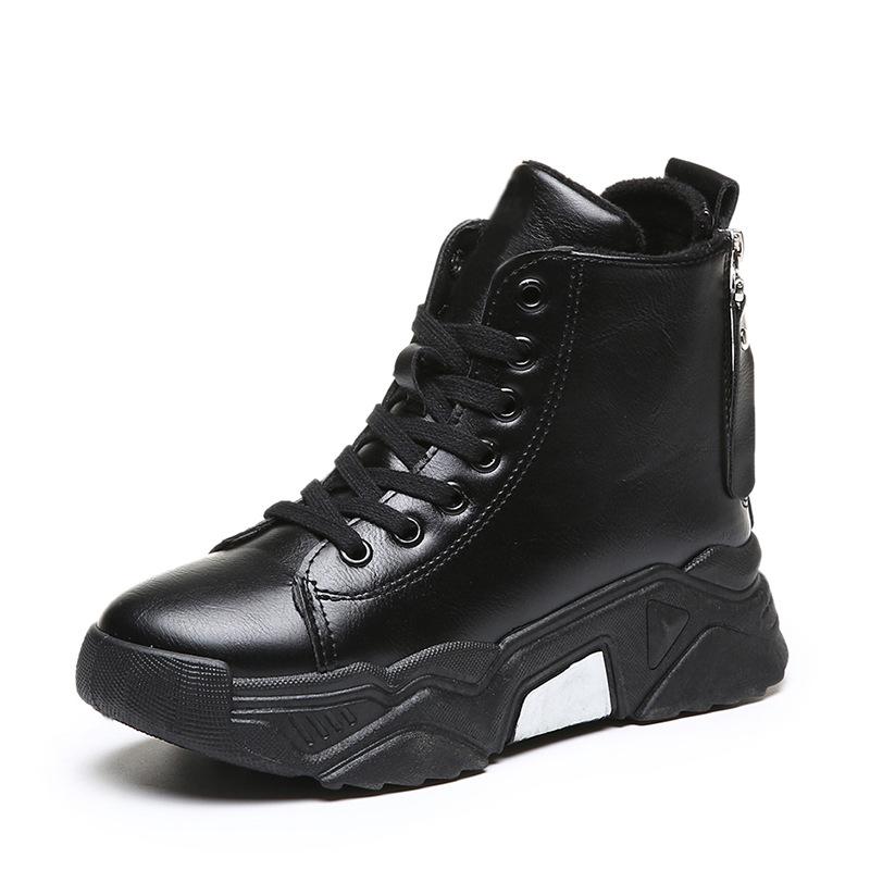 

Ankle Boots For Women Shoes Woman Chunky Sneakers Solid Black Leather Female Lace Up Warm Plush Winter Plus Size