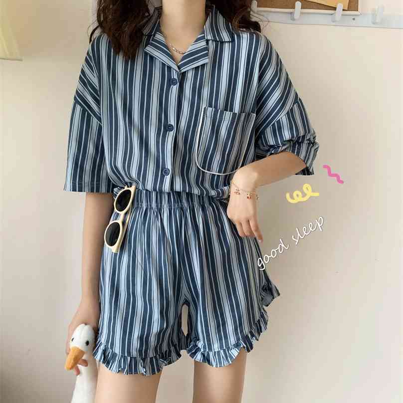 

Casual Korean Summer Striped Chic Vintage All Match Sleepwear Loose Retro Short Sleeves Homewear Pajamas Sets 210525, Photo color