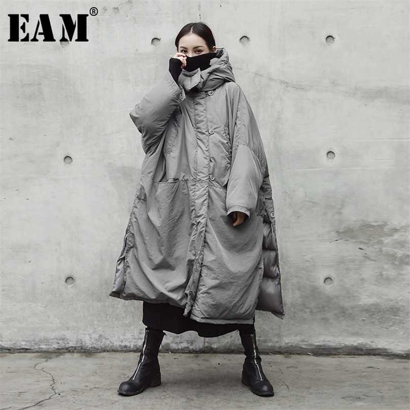 

[EAM] Hooded Cotton-padded Gray Oversize Long Warm Coat Sleeve Loose Fit Women Parkas Fashion Spring Autumn JE02002 211018, Light gray