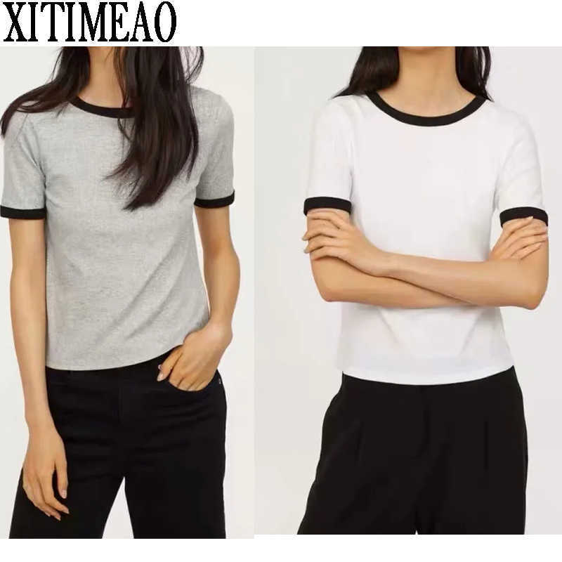 

ZA Women Summer Color Matching O Neck T-shirt Female Close-fitting Short-sleeved Shirt Slim  Xitimeao 210602, Grey