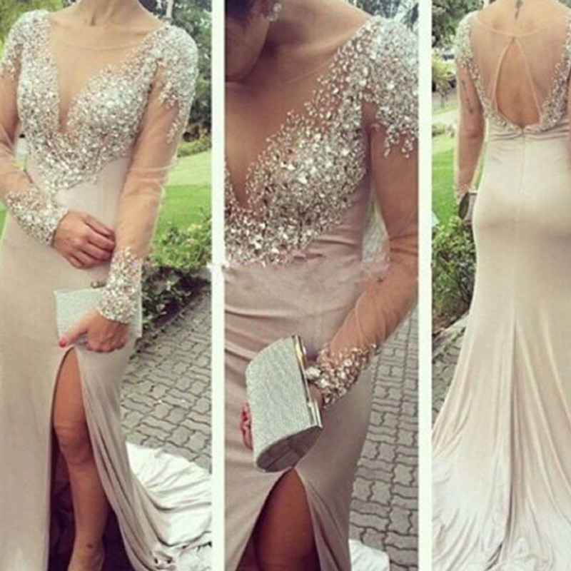 

Prom Dresses Scoop Neck Long sleene Mermaid Evening Gowns Major Beading High Side Split Party Dress Vestidos de Noiva Satin Fabric, Dark navy