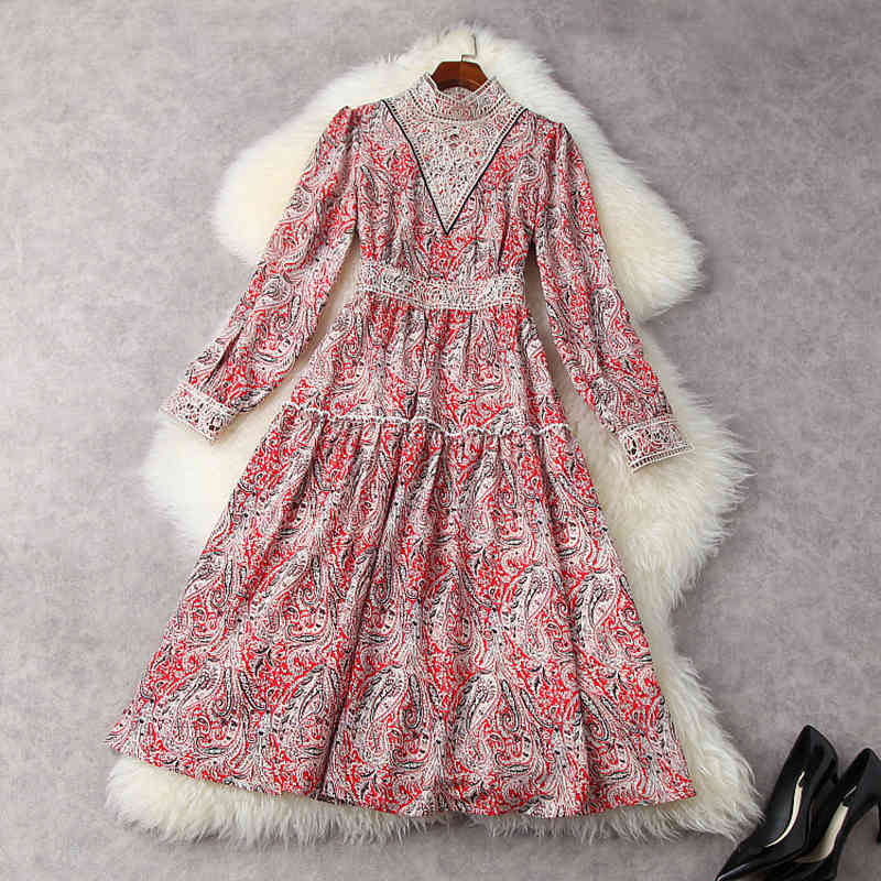 

HIGH STREET Fashion Retro Embroidered Hollow Collar Printed Over The Knee Dress 210521, Blue