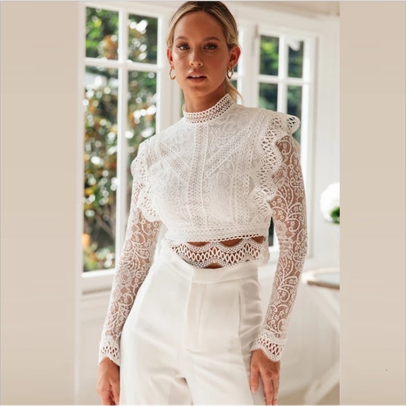 

Elegant Women Solid Lace Patchwork + Lining Crop Summer Autumn INS test Fashion Sexy O-Neck Full Sleeves Bodycon Tank Tops, White