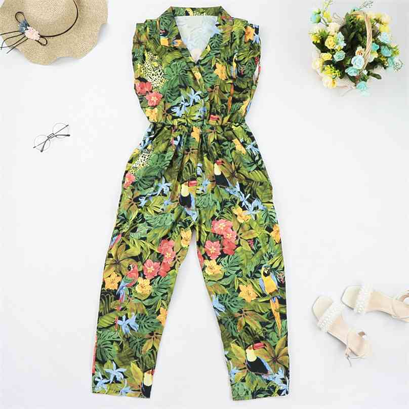 

women tropical flower leaves print siamese rompers ladies sleevelss jumpsuits casual elastic waist pocket trousers 210520, Beige