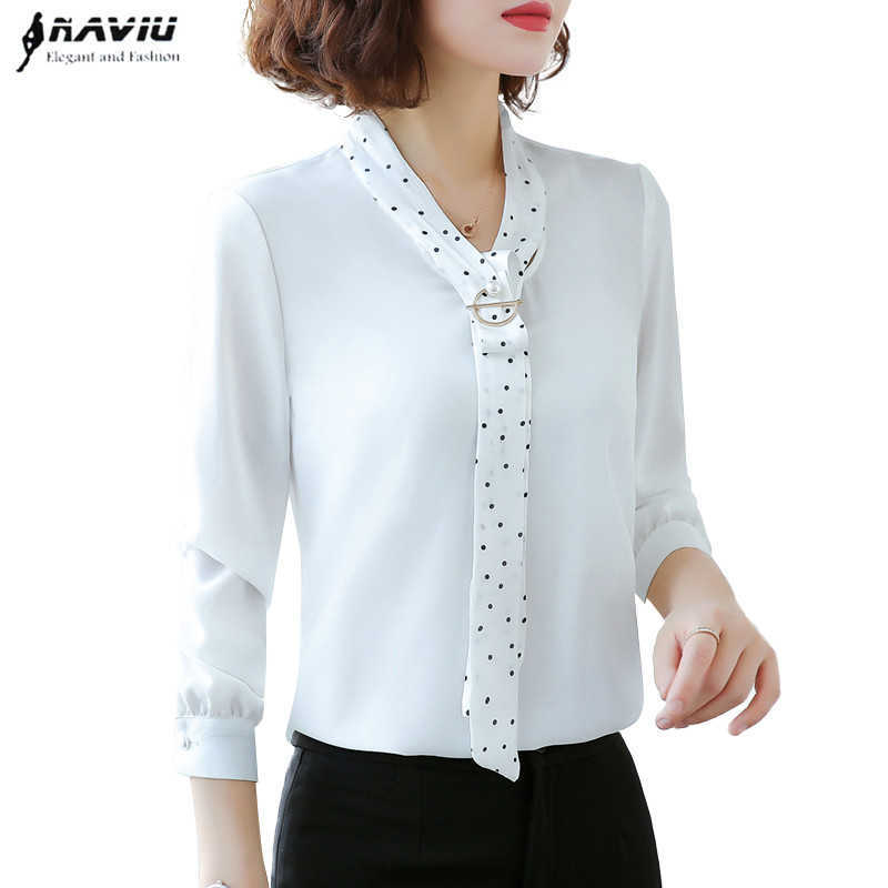 

Elegant Bow Tie Shirt Women Autumn Long Sleeve Chiffon Blouses Office Ladies Temperment Loose Tops White 210604