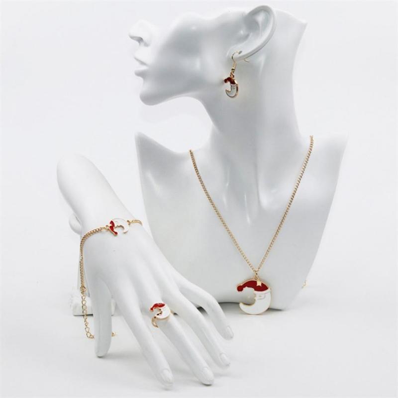 

Earrings & Necklace 4Pcs/Set Elk Pendant Bright Color Ring Bracelet Set Alloy Red Christmas Hat Moon Jewelry, Silver