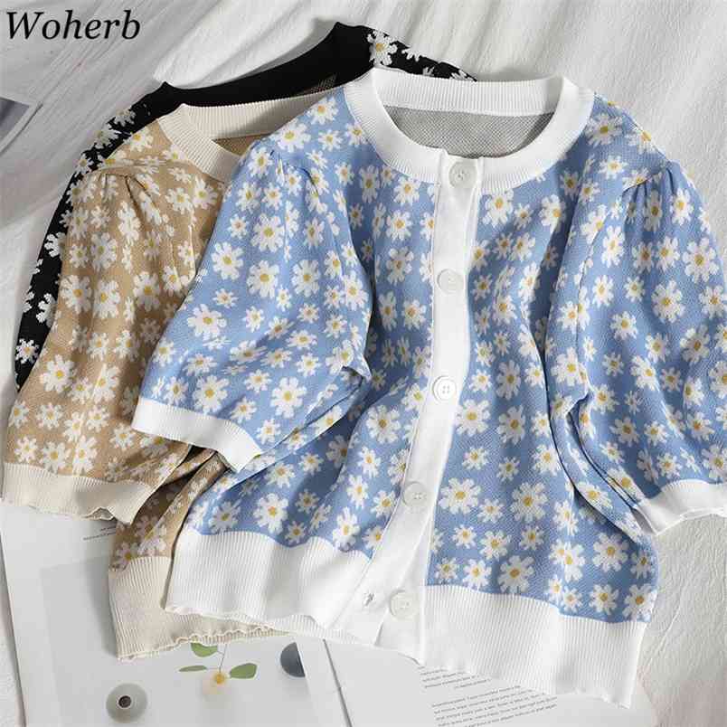 

Spring Summer Korean Knitted Cardigan Tops Short Sleeve O-neck Vintage Fashion Floral Daisy Sweaters Femme 210519, Blue