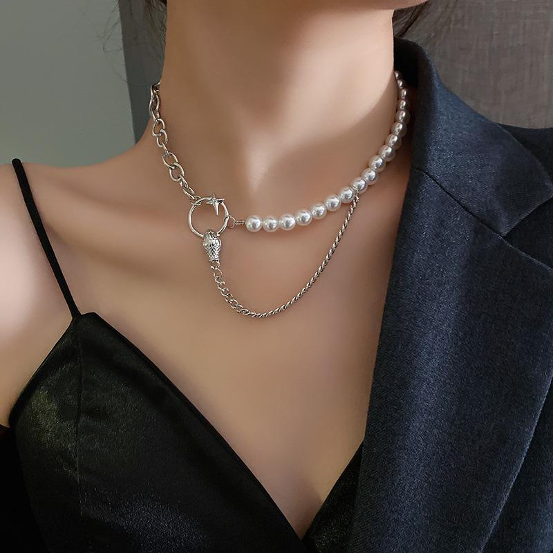 

Pendant Necklaces Premium Texture Simulated-pearl Splicing Chain Necklace Temperamental Elegant Simple Street Hip-hop Clavicle