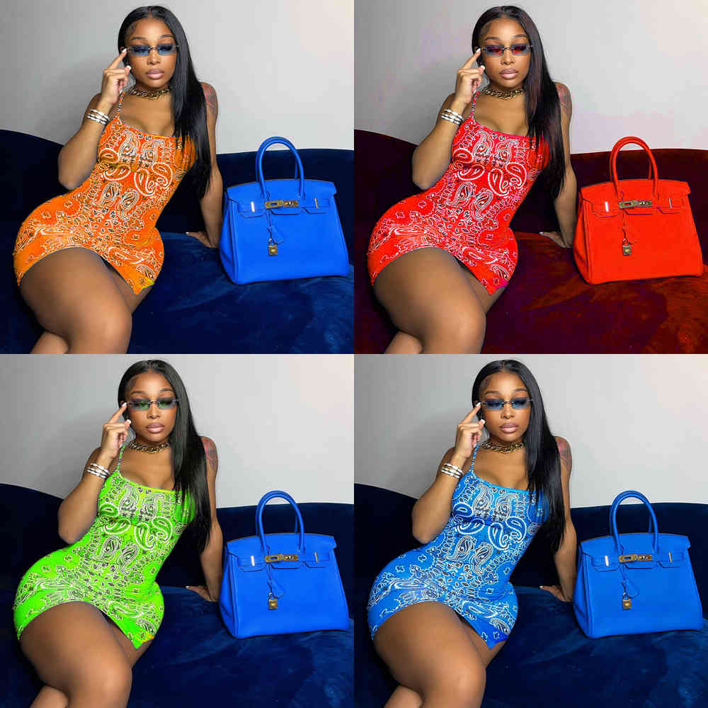 

Summer Sleeveless Women Casual Dresses Fashion Cashew Flower Print Suspender Open Backpack Hip Ultra Short Dress Designers Clubwear One-piece Skirt, Blue printing