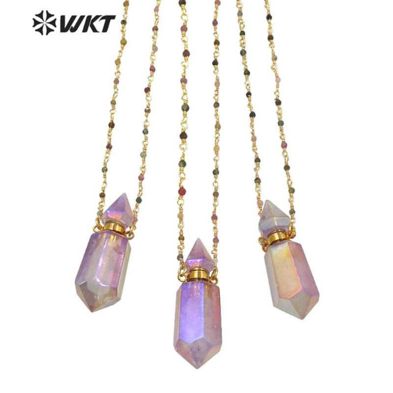 

WT-N1234 Luxury Stone Necklace Shinny Purple A Methyst Aura Perfume Bottle With 18 Inch Rosary Chain Pendant Necklaces