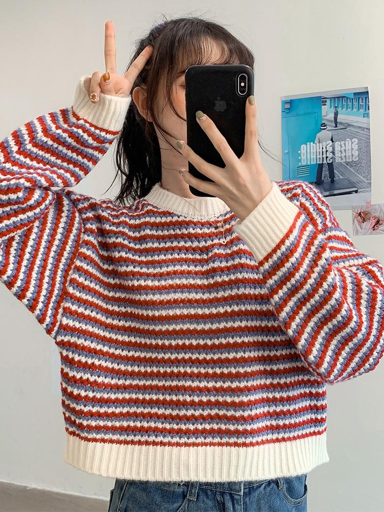 

Clothing Sets Women Christmas Sweater Autumn Sweet Multi-color Stripe Pullover O-neck Slim Hollow Korean-style Crocheted Loose Casual Tops, Red