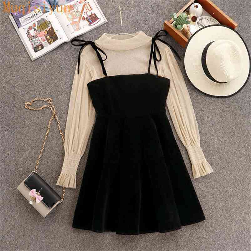 

Spring Elegant Women Transparent Lantern Long Sleeves Tops+ Dress Set 2pcs Suit Party Birthday Gift A485 210519, 2 pcs set