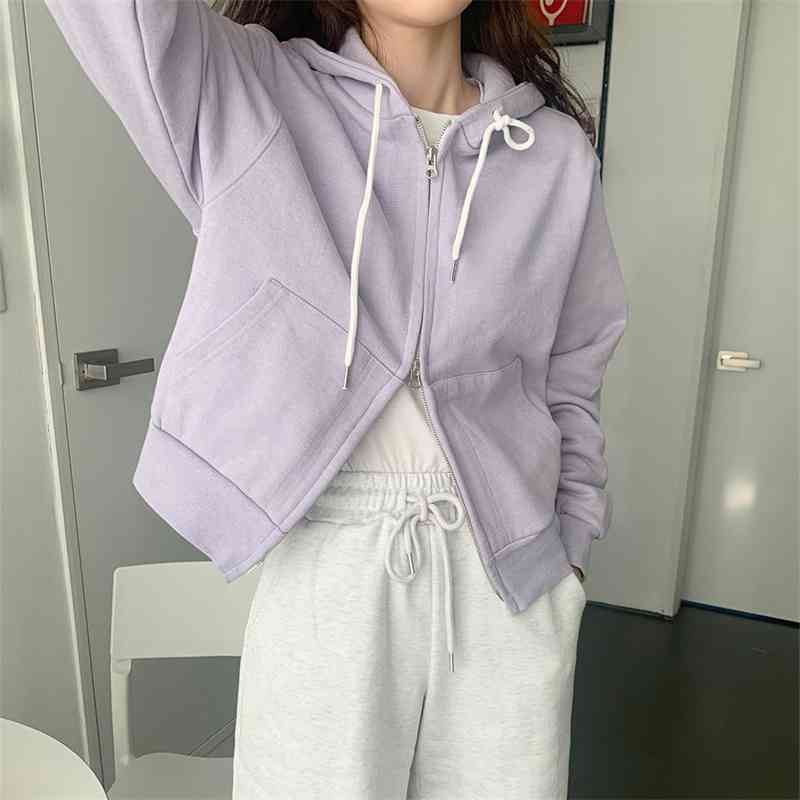 

2021 Korean clothing early spring new romantic purple Hoodie upper and lower zipper long sleeved women's sweater, Black