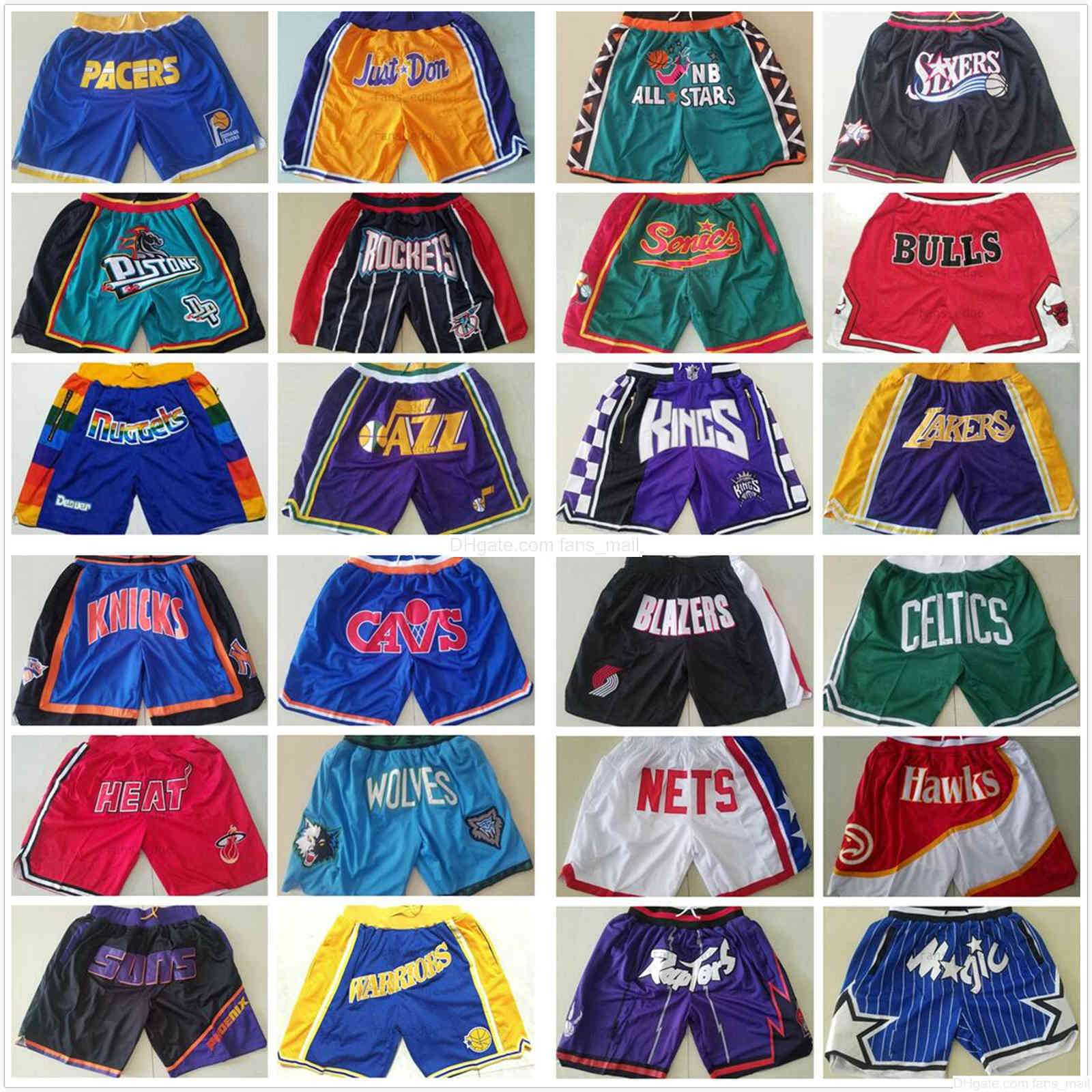 

All Team Basketball Shorts Just Don Short Hip Pop Sport Wear Pant With Pocket Zipper Sweatpants Retro Blue White Black Red Yellow Stitched T