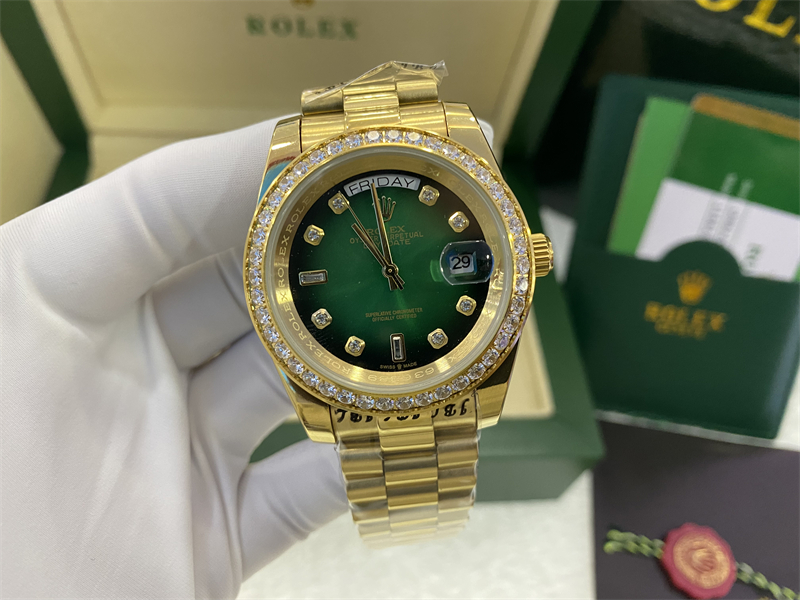 

Original box certificate 18k Gold President Male Watches Day Date Diamonds Green dial Watch Men Stainless Diamond Bezel Automatic WristWatch 2021668, Style 1 original box + watch