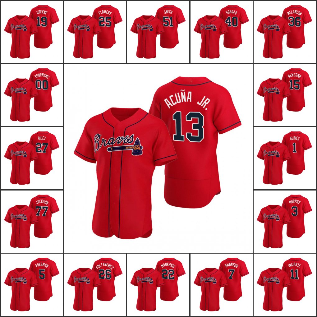 

Atlanta's Braves #13 Ronald Acuna Jr 5 Freddie Freeman 7 Dansby Swanson Men Women Youth Red Custom Authentic Alternate Jersey, Black