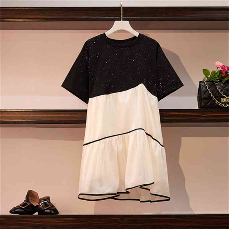 

Summer Women's O Neck Bling Patchwork Mesh Dress Female Casual Loose Dresses A1695 210428, Beige