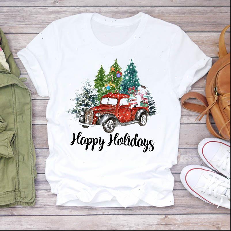 

Women Snow T Shirts Tree Truck Holiday 90s Year Merry Christmas Print Tshirts Clothes Graphic Female Top Shirt Ladies Tee, White
