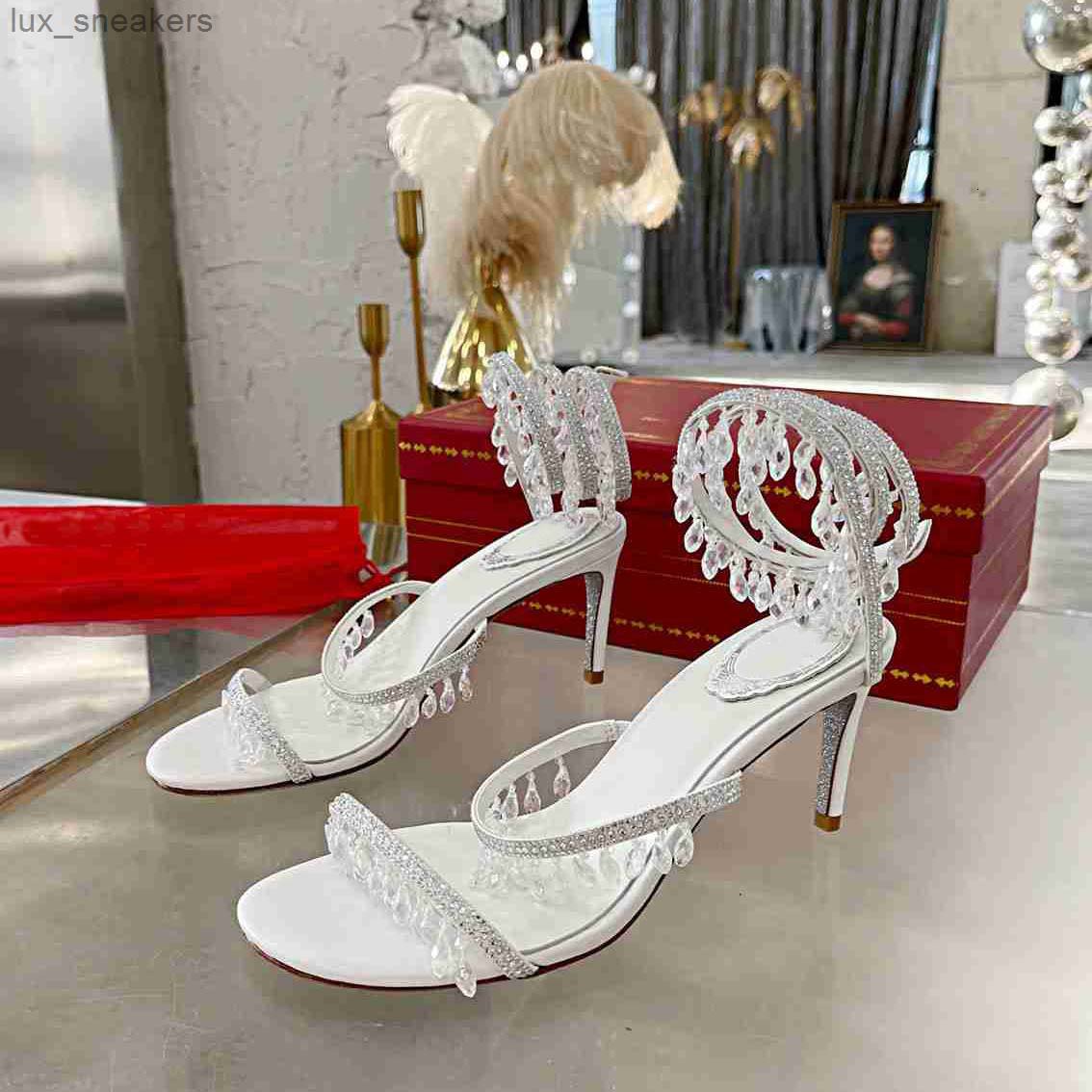 

Rene Caovilla Sexy women High heeled sandals Crystal diamond Metal letter buckle Womens Slip Pointed Toe Sandal