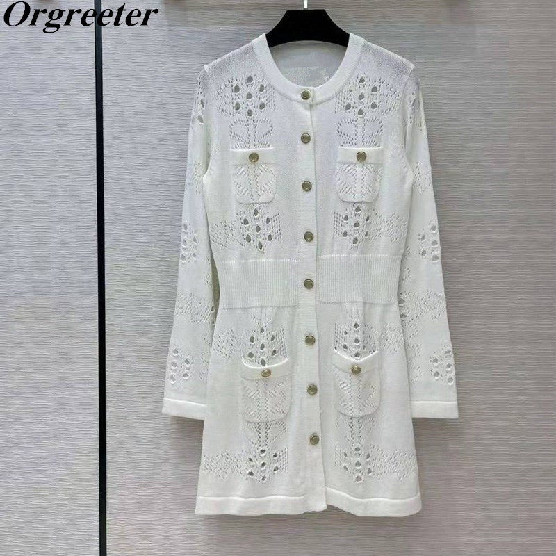 

Temperament Hollowed out Slimming All-match Casual Knitted Dress Women Solid O-neck Long Sleeve Single-breasted Cardigan 210525, Black