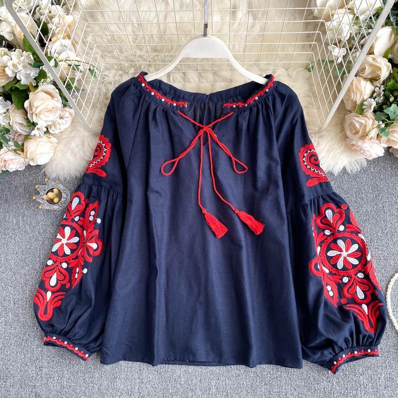 

Women's Blouses & Shirts Autumn Women Blouse Indie Folk Embroidered Lace-Up Tassel V-Neck Lantern Sleeve Tops Loose All-Match Female Blusa C, Black