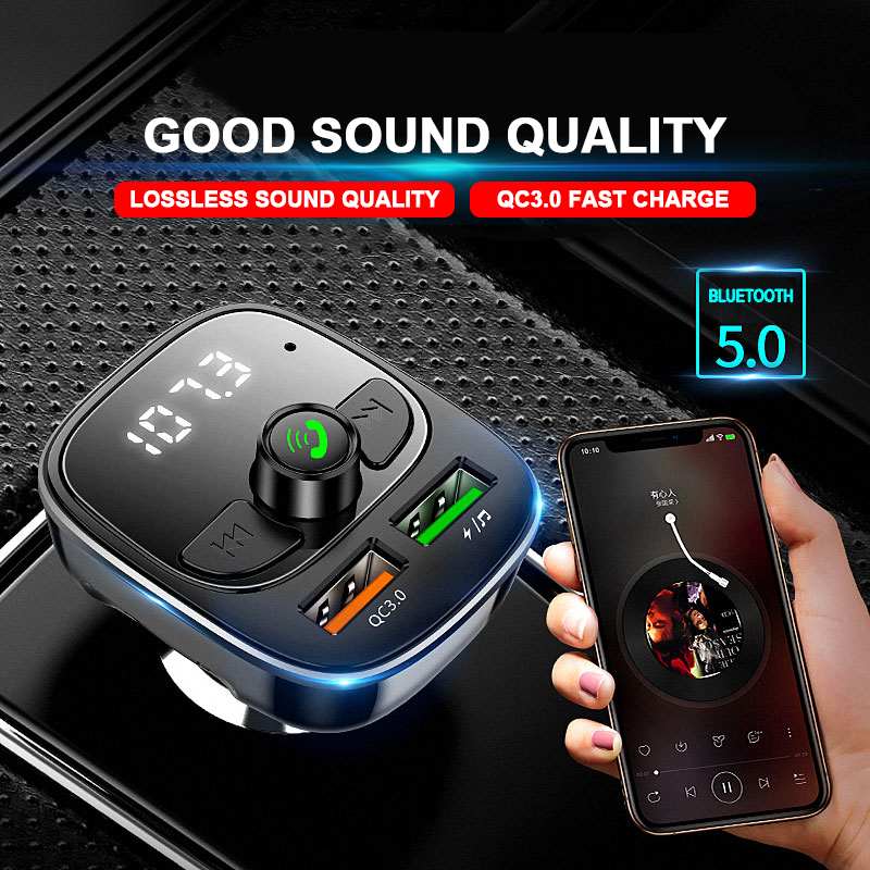 Bil Bluetooth FM-sändare 5.0 MP3-spelare Handsfree Audio Receiver 3.1a Dual USB Fast Laddare Support TF / U Disk