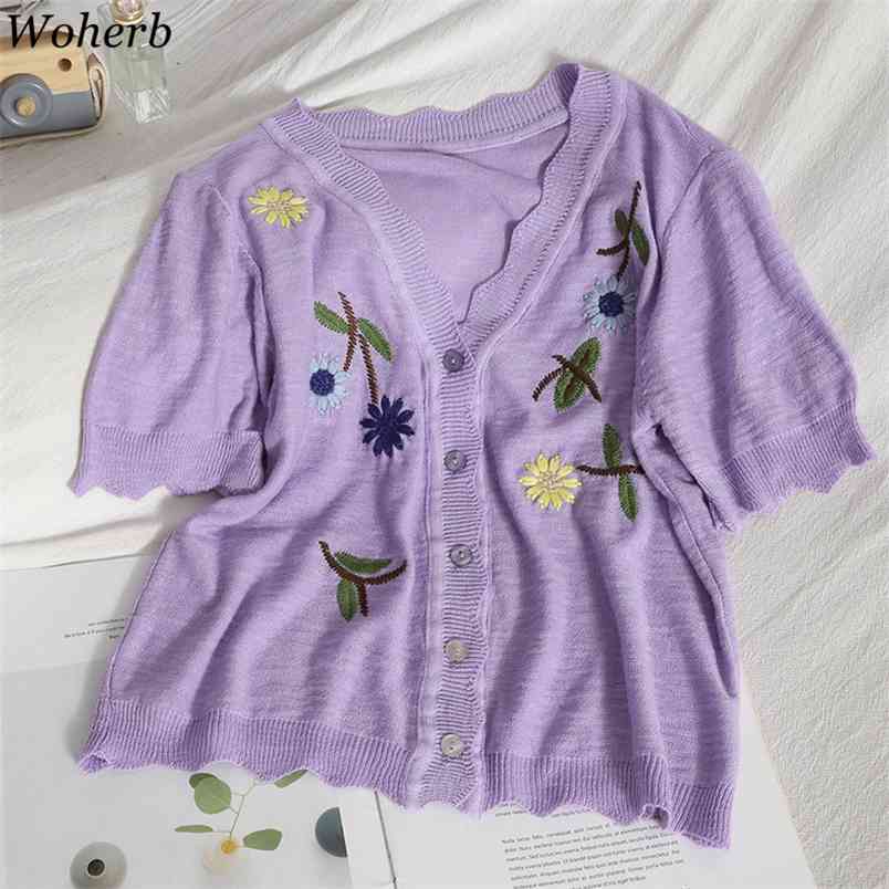 

All Match Thin Cardigan Women Floral Embroidery Summer Knitted Tops Button Up Blusas Korean Chic Sweet Crop Cardigans 210519, Black
