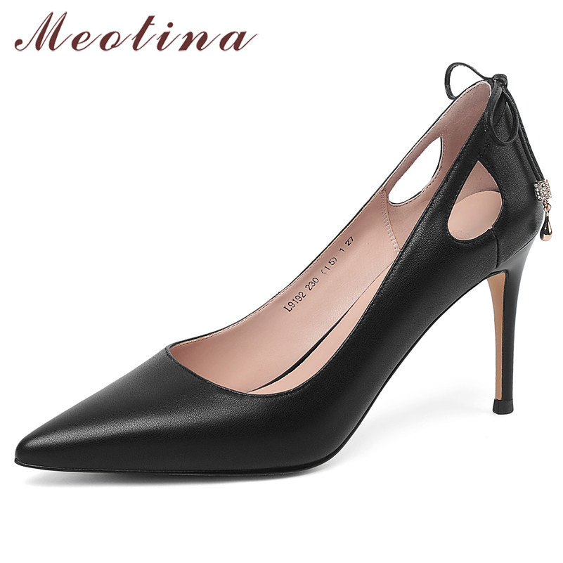 

Meotina High Heels Women Shoes Natural Genuine Leather Thin High Heels Shoes Real Leather Cutout Pointed Toe Pumps Ladies 33-39 210520, Black