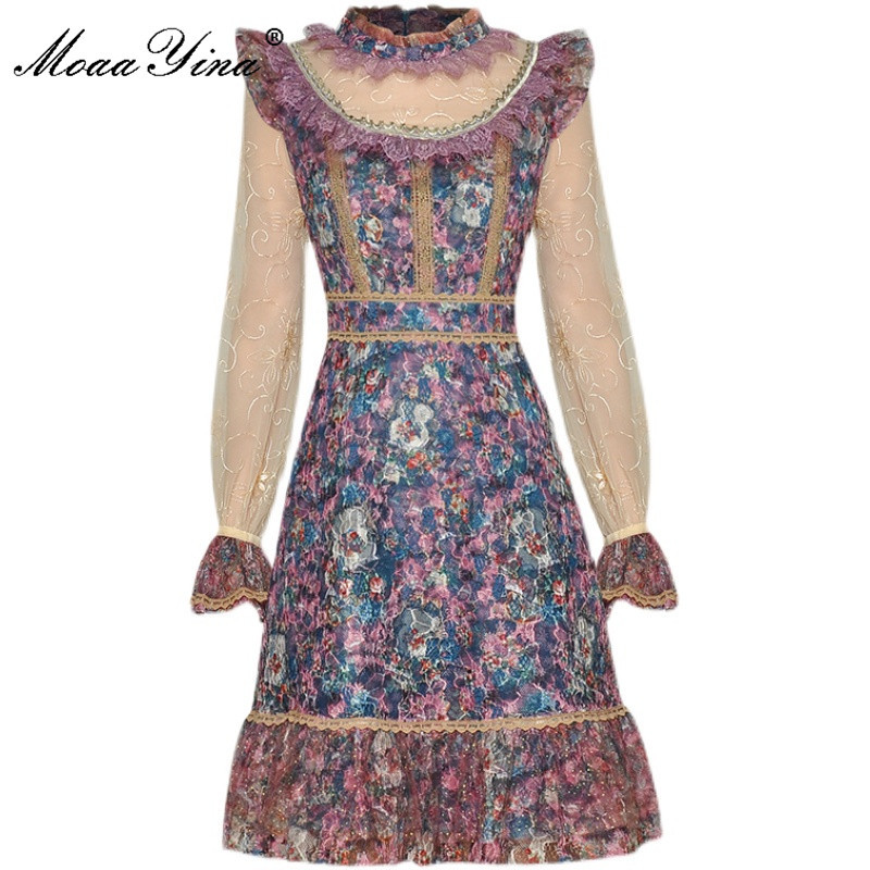 

Fashion Designer dress Summer Women Dress Stand collar Mesh Patchwork Floral print Vintage Mini 210524, Purple