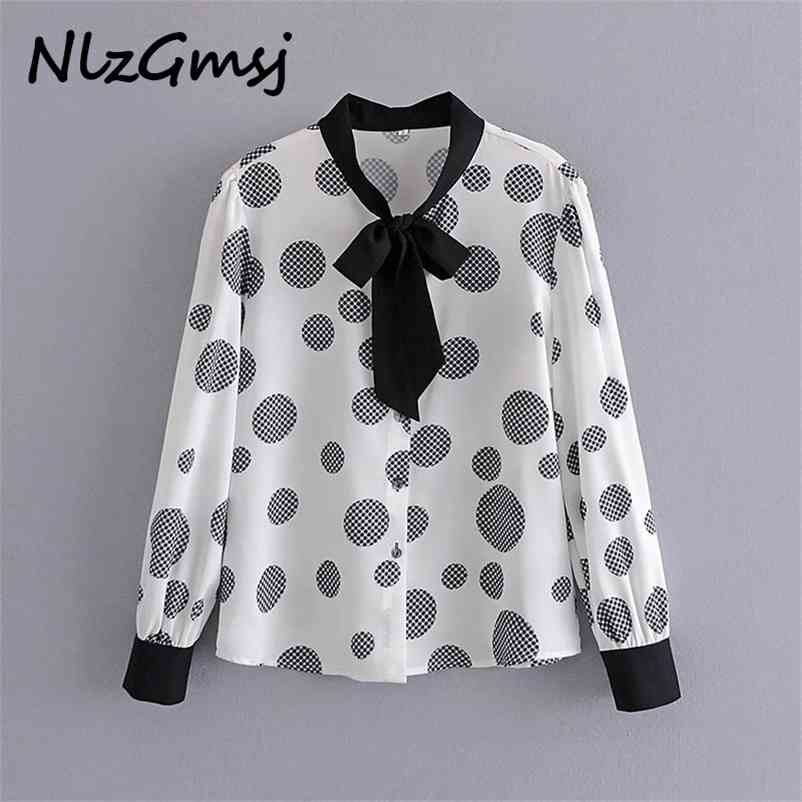 

Blouse Women's Bow Collar Long Sleeves Polka Dot Chiffon Shirts Girls Ladies Casual Shirt 03 210628, As picture