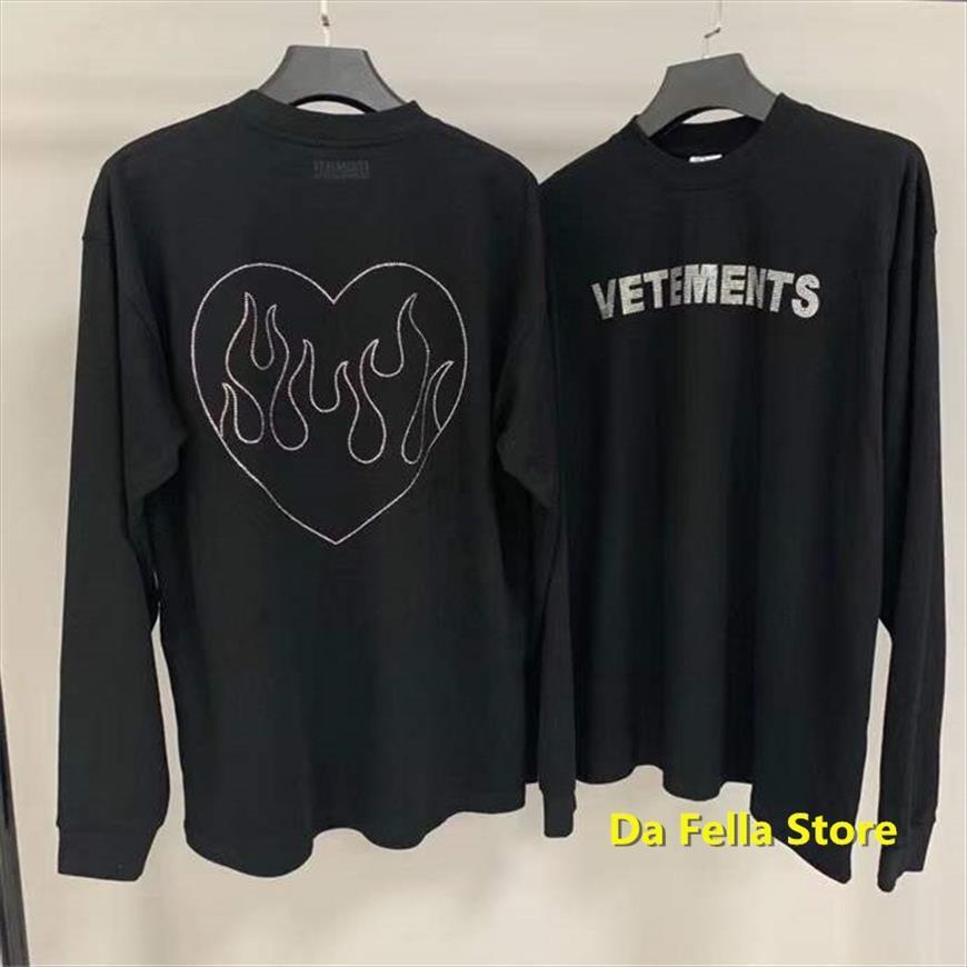 

vetements women rhinestone crystal men t shirts cut logo heart shaped vtm long sleeve love is like fire, White;black
