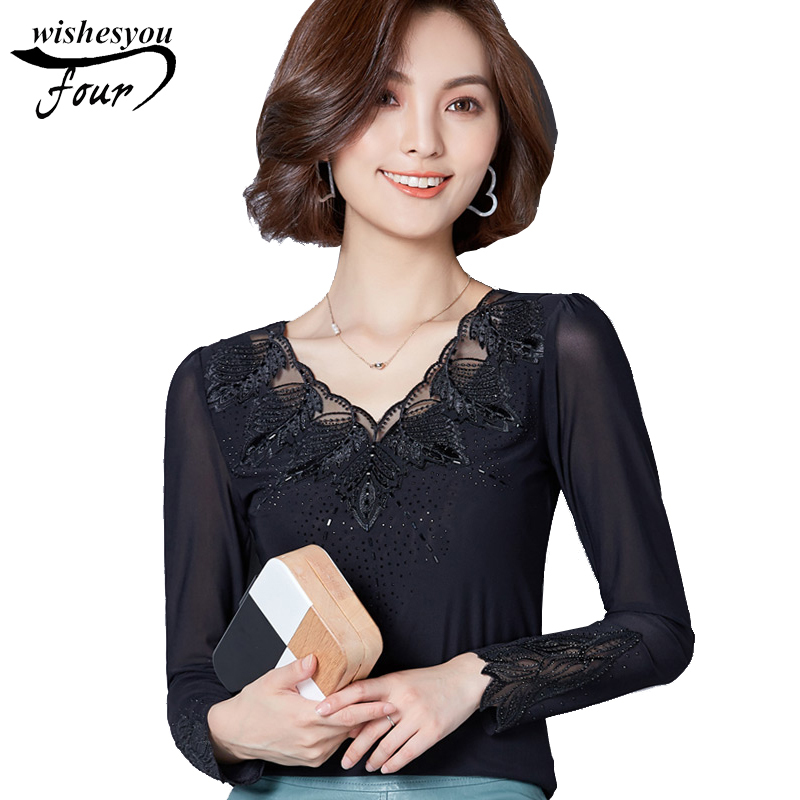 

Korean long-sleeved lace stitching net yarn women autumn bottoming shirt drilling solid blouse top 86C 30 210521, Black