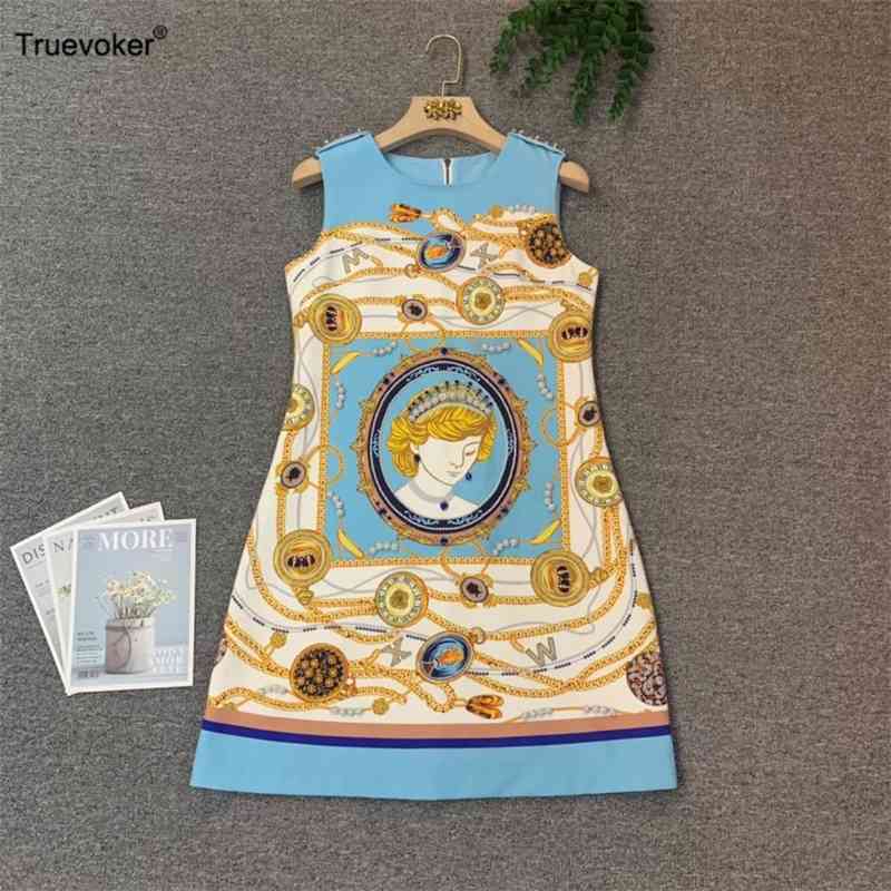 

Truevoker Women High Street Runway Designer Dress Beading Tank Lady Blue Print Diamond Robe Mujer Festa Vestido 210602, Multi