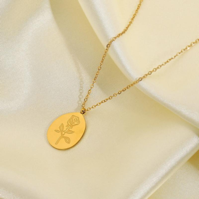

Pendant Necklaces Rose Flower Charm Coin For Women Gift Vintage 18K Gold Plated Stainless Steel Chain Necklace Statement Jewelry, Silver