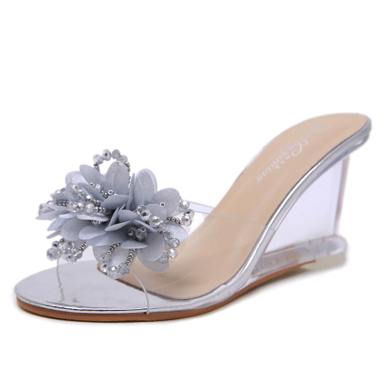 

Sandals Ladies Wedge Women's Crystal Summer Sexy Transparent High Heels Glass Rhinestone Flower, Gold