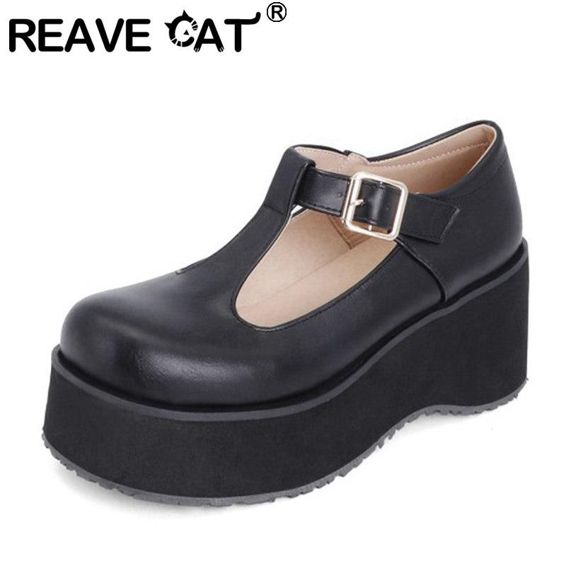 

CAT 2021 Women Pumps Round Toe 7.5cm Wedege Heels Buckle Classic Student Concise Big Size 48 Casual Black A3845 Dress Shoes