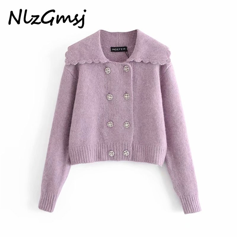 

Sweater Women Buttons Purple Knitted Cardigan Vintage Long Sleeve Loose Female Outerwear Chic Tops 210628, As picture
