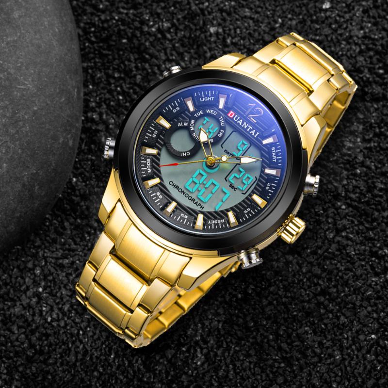 

Wristwatches Duantai Sports Watch Big Face Gold Men's Watches LCD Stainless Steel Waterproof Dual Time Zone Back Light Military Outdoor